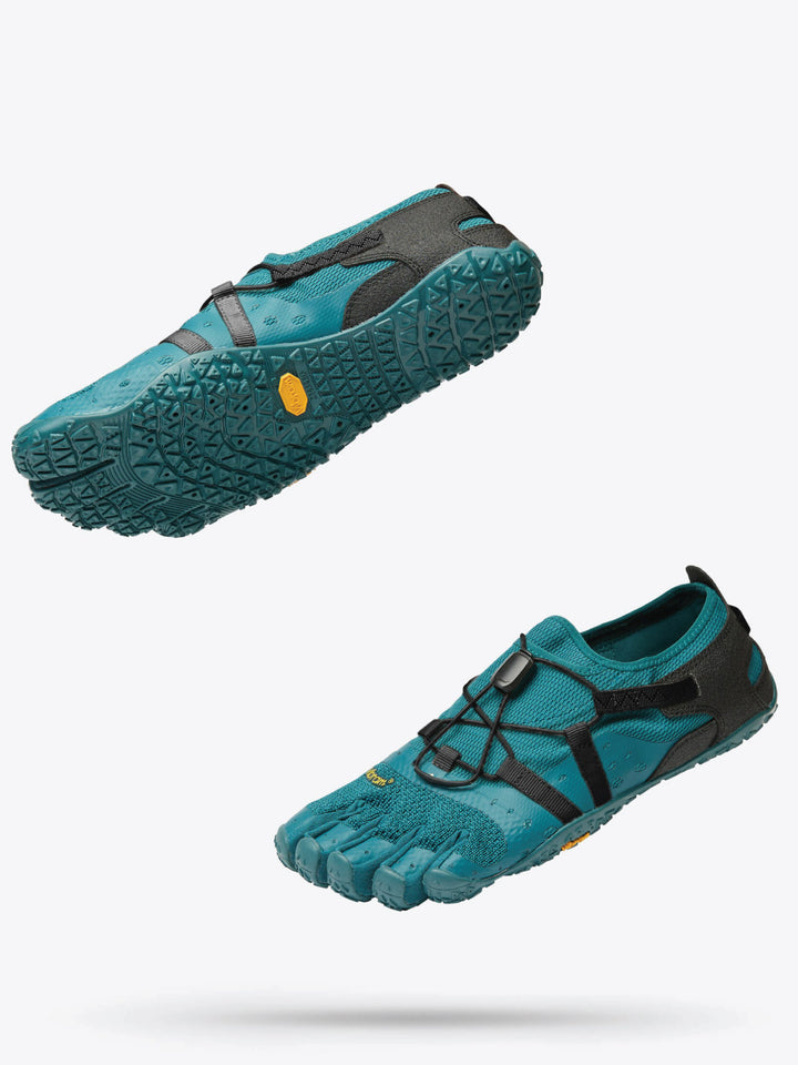 Pair of teal vibram spidrwalk barefoot shoes with black accents on a white background